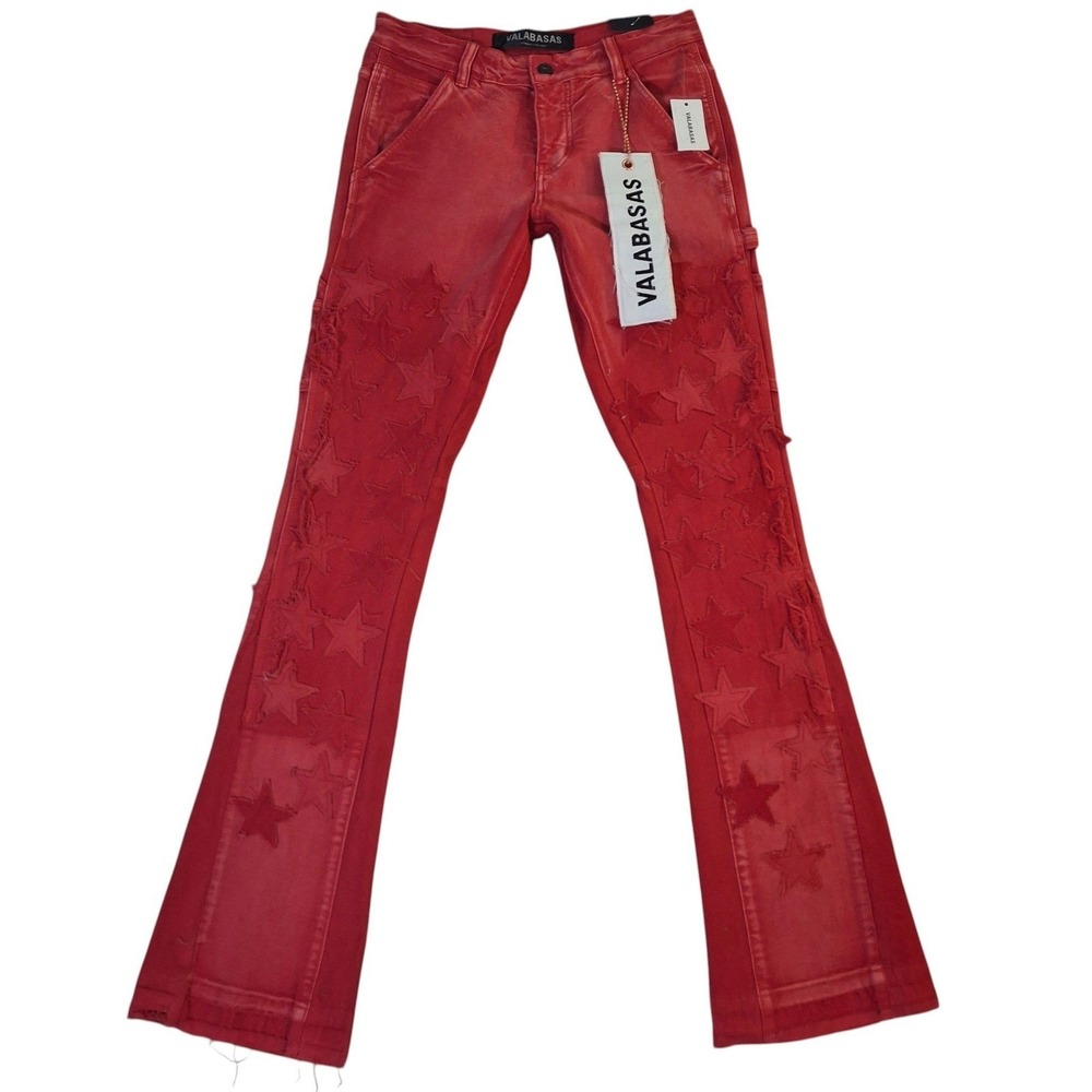 Valabasas V-Star Red Wash Distressed Star Patchwork Flare Jeans Mens 29 NEW